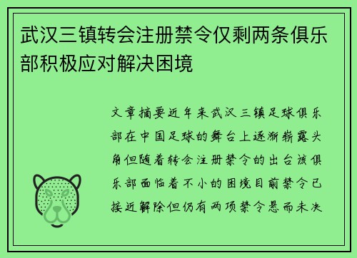 武汉三镇转会注册禁令仅剩两条俱乐部积极应对解决困境