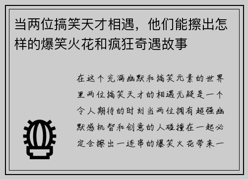 当两位搞笑天才相遇，他们能擦出怎样的爆笑火花和疯狂奇遇故事