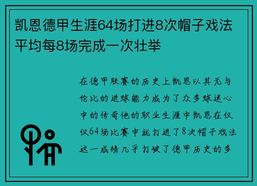凯恩德甲生涯64场打进8次帽子戏法 平均每8场完成一次壮举