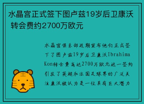 水晶宫正式签下图卢兹19岁后卫康沃 转会费约2700万欧元
