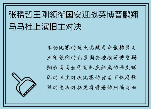 张稀哲王刚领衔国安迎战英博晋鹏翔马马杜上演旧主对决