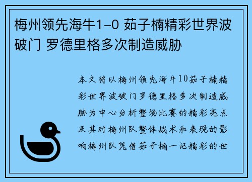 梅州领先海牛1-0 茹子楠精彩世界波破门 罗德里格多次制造威胁